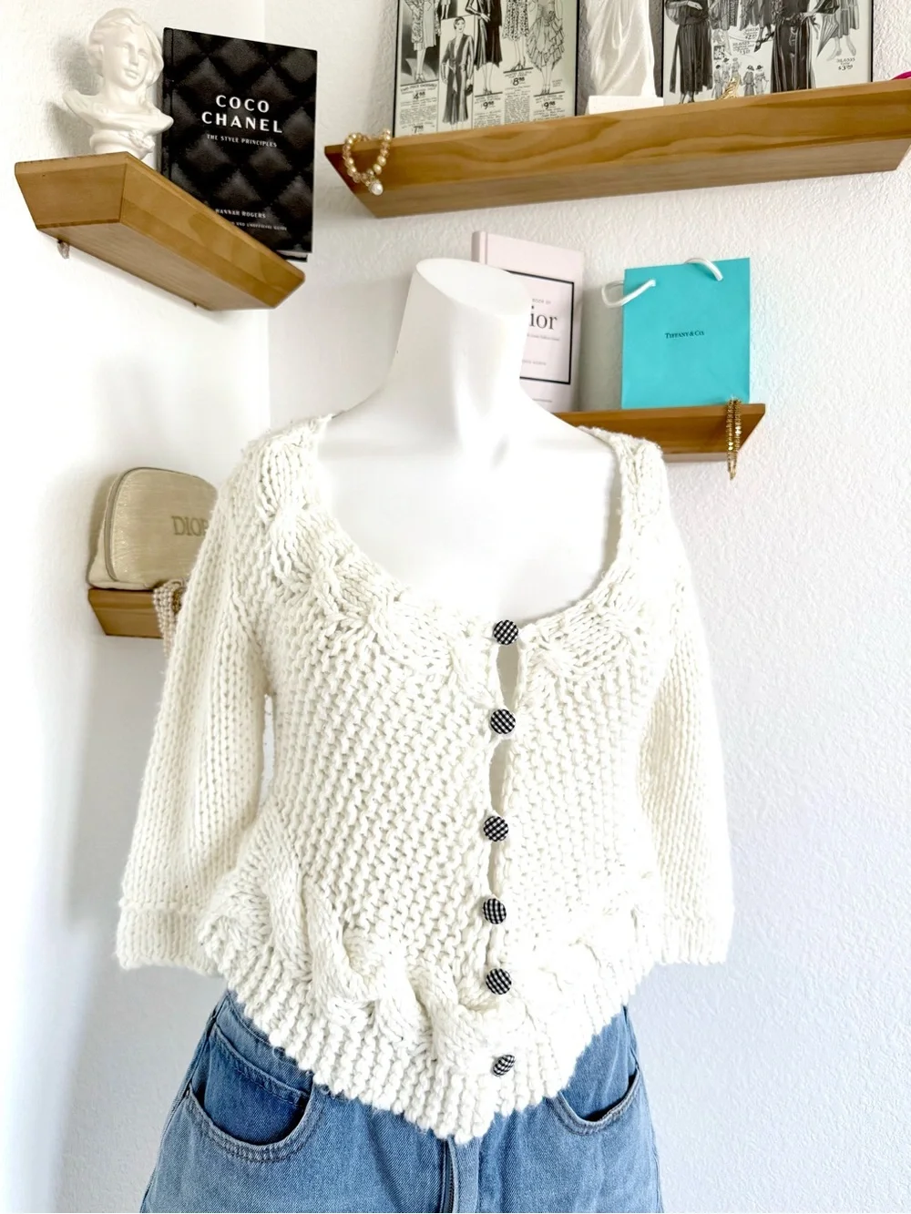 Free People Crochet Cardigan Gingham Buttons Size XS